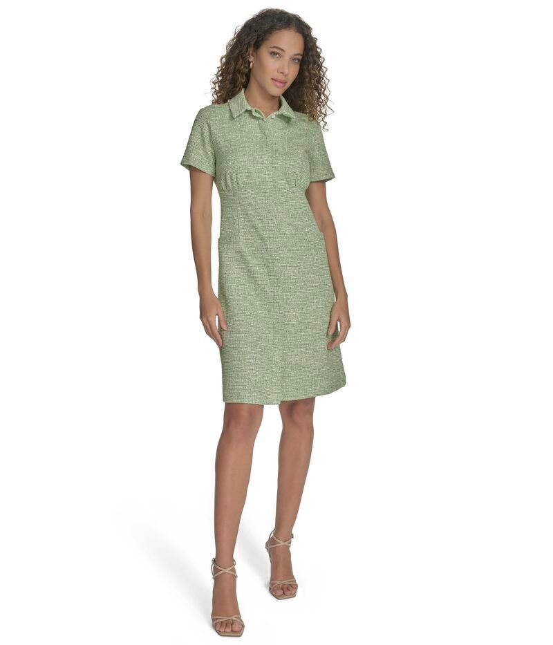 カルバンクライン レディース トップス ワンピース ツイード Calvin Klein Tweed Short Sleeve Collaredress Leaf White ホワイト