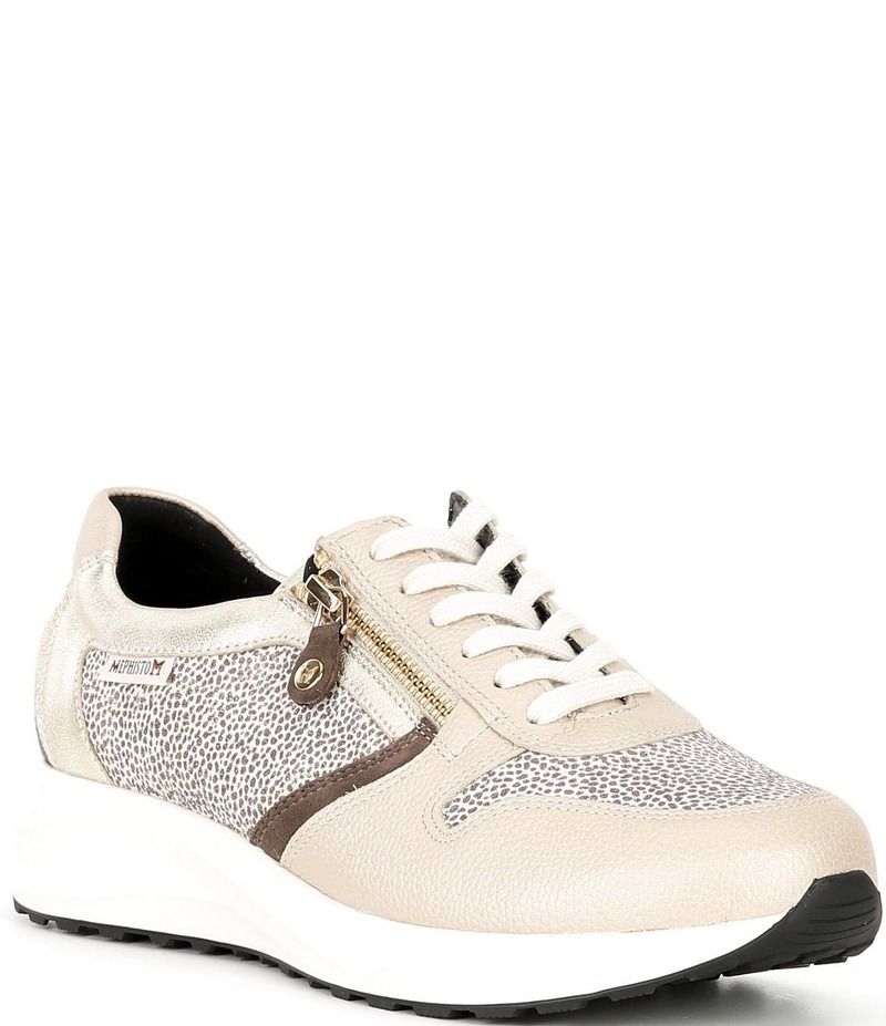 メフィスト レディース シューズ スニーカー スエード レザー Mephisto Kim Suede and Leather Dotted Zipper Sneakers TanWhite ホワイト
