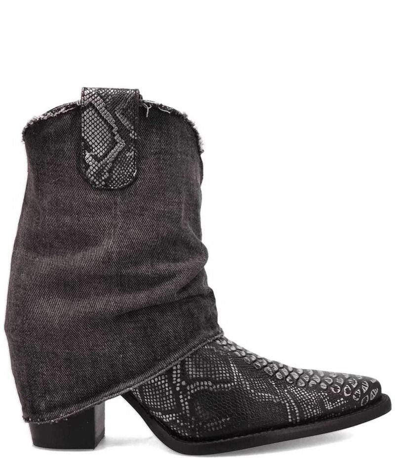 ディンゴ レディース シューズ ブーツ・レインブーツ プリント デニム ブーツ レザー Dingo Denim Dream Snake Print Leather Denim Cuff Western Booties Black ブラック