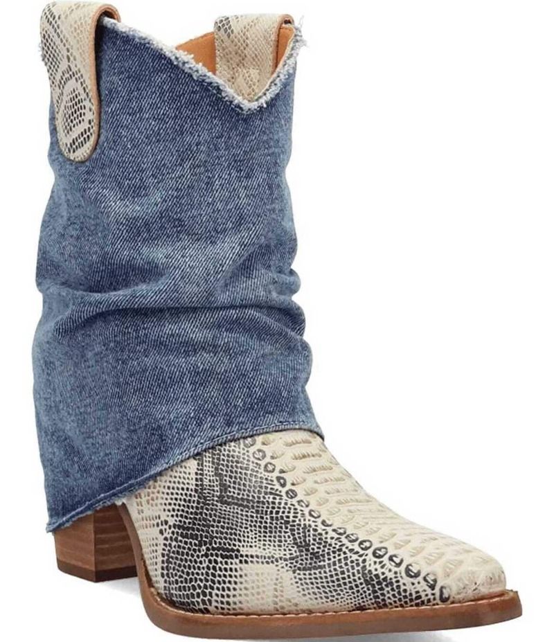 ディンゴ レディース シューズ ブーツ・レインブーツ プリント デニム ブーツ レザー Dingo Denim Dream Snake Print Leather Denim Cuff Western Booties Blue ブルー
