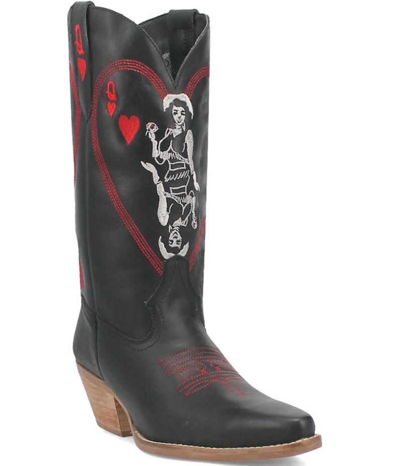 ディンゴ レディース シューズ ブーツ・レインブーツ 刺繍 ブーツ レザー Dingo Queen A Hearts Embroidered Leather Mid Western Boots Black ブラック