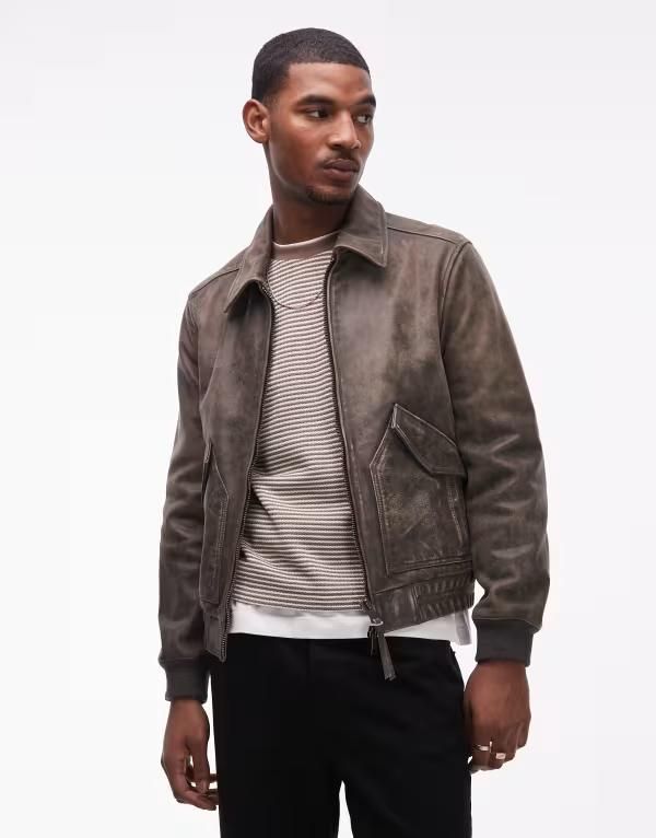 オールセインツ メンズ アウター ジャケット・ブルゾン レザー AllSaints Marland zip up leather aviator jacket in washed black ブラック