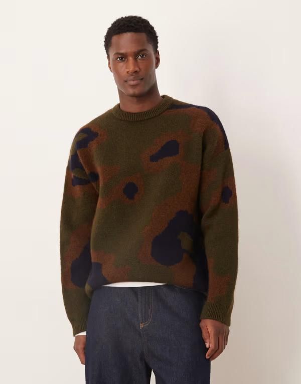 エイソス メンズ アウター ニット・セーター クルーネック プリント ASOS DESIGN oversized knit crew neck sweater in camo print Multi マルチカラー