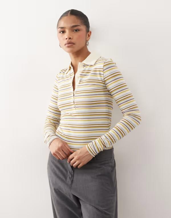 モンキ レディース トップス タンクトップ スリムフィット Monki striped slim fit long sleeve rugby top in yellow イエロー