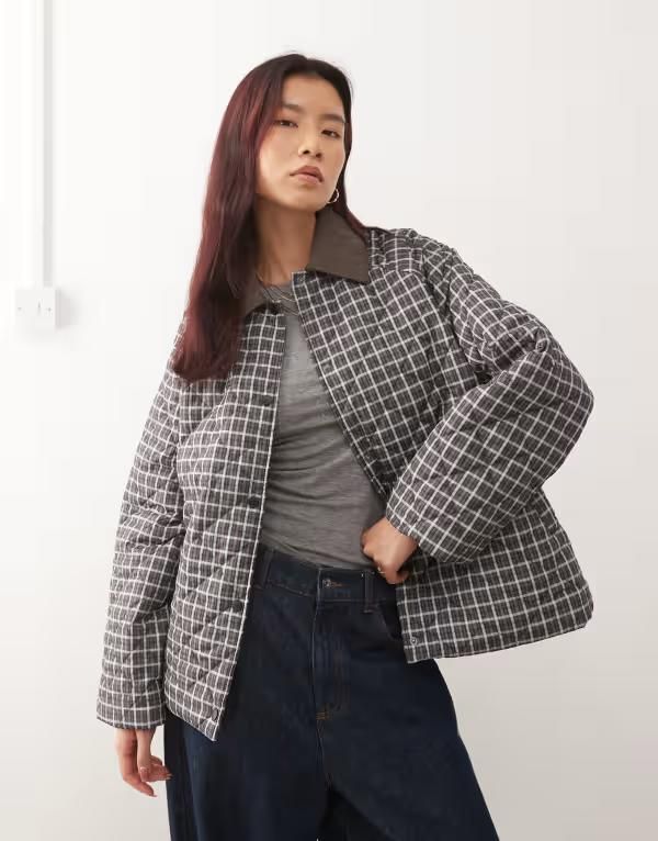 ノイジーメイ レディース アウター コート キルティング ジャケット Noisy May quilted plaid jacket Birch ブラウン