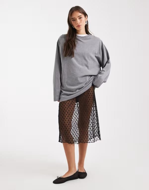 コルージョン レディース ボトムス スカート ドット柄 ドット メッシュ シアー COLLUSION polka dot sheer mesh awkward length skirt Black spot ブラック