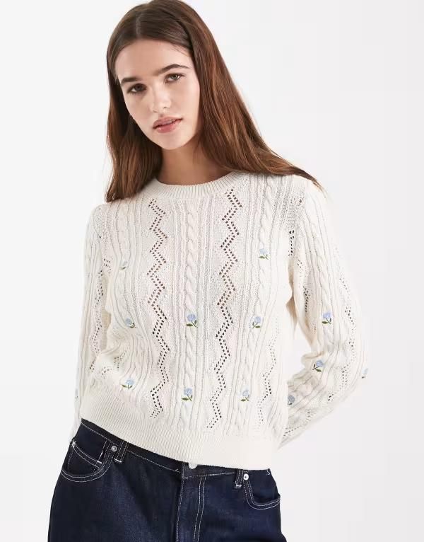 オンリー レディース アウター ニット・セーター ONLY flower embroidery knit sweater in light BLUE ブルー