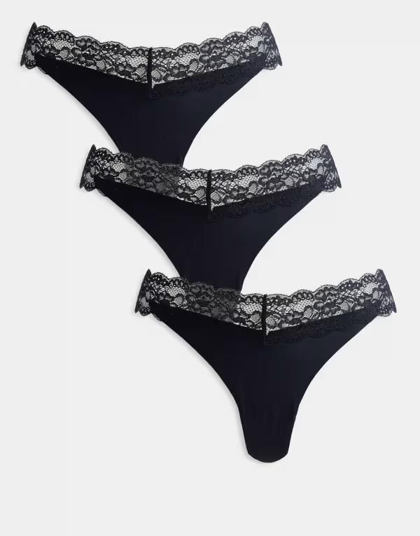 オンリー レディース アンダーウェア ブリーフパンツ レーストリム レース ONLY 3 pack lace trim seamless thong Black ブラック