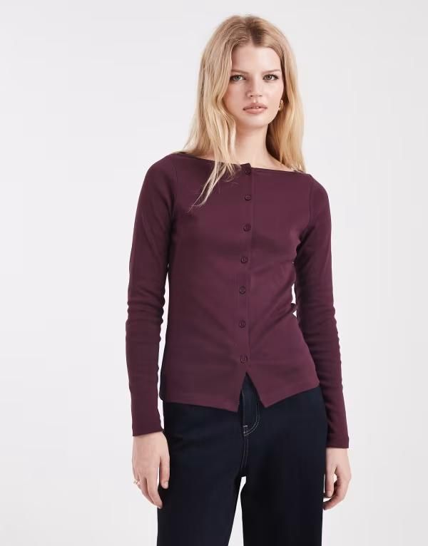 ミスセルフフリッジ レディース アウター カーディガン リブ Misselfridge longer line ribbed cardigan in plum プラム