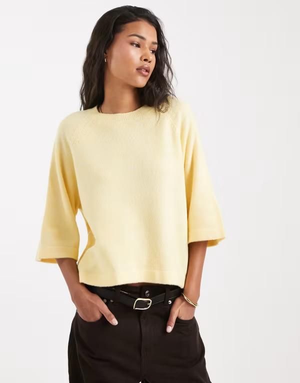 オンリー レディース トップス Tシャツ ニット ONLY boxy knitshirt in buttermilk Mellow Yellow イエロー