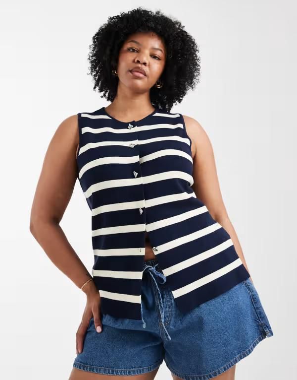 オンリーカーブ レディース トップス ベスト ニット ONLY Curve button up knitank top in cream BIRCH クリーム