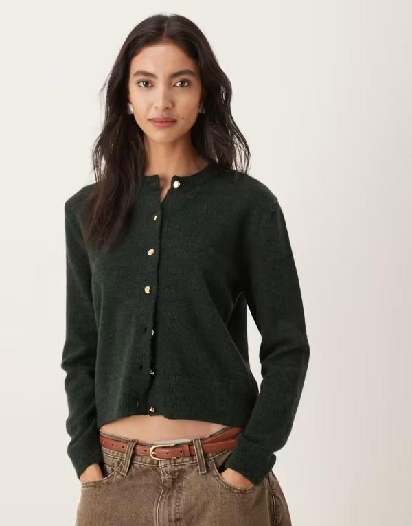 マンゴ レディース アウター カーディガン Mango round neck cardigan with gold buttons in forest FOREST GREEN グリーン