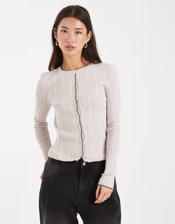 ミスセルフフリッジ レディース アウター カーディガン リブ ニット Miss Selfridge ribbed knit blanket stitch cardigan in cream CREAM クリーム