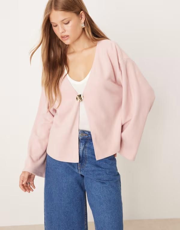 エイソス レディース アウター カーディガン ASOS DESIGN soft touch wide sleeves hardware detail cardigan in light Ltpink ピンク 10,345円
