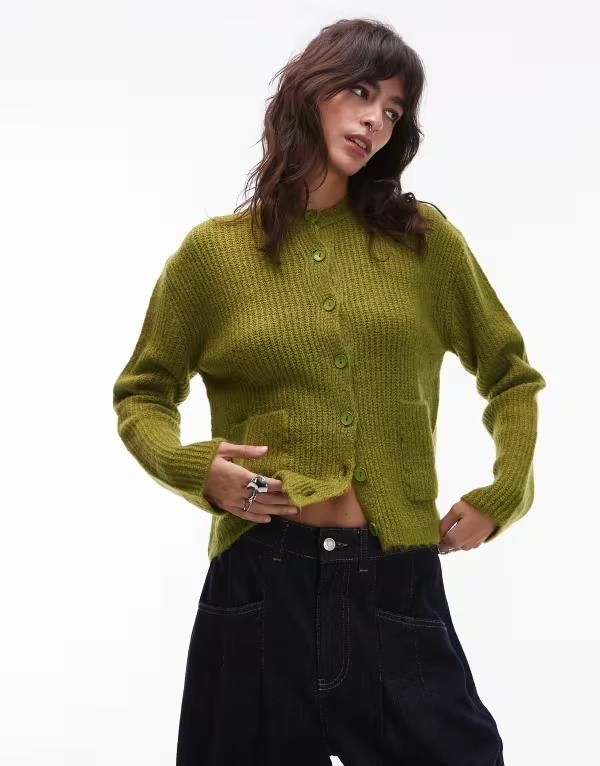 エイソス レディース アウター カーディガン ニット ASOS DESIGN knit cardigan with patch pockets in olive MID GREEN グリーン