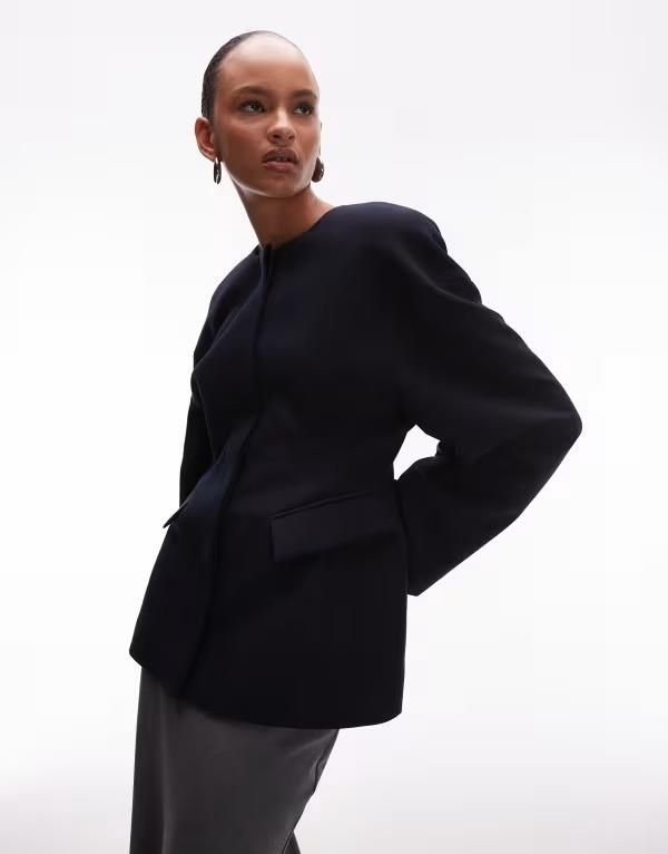 エイソス レディース アウター ジャケット・ブルゾン ブレザー ASOS DESIGN sculpted collarless blazer NAVY ネイビー