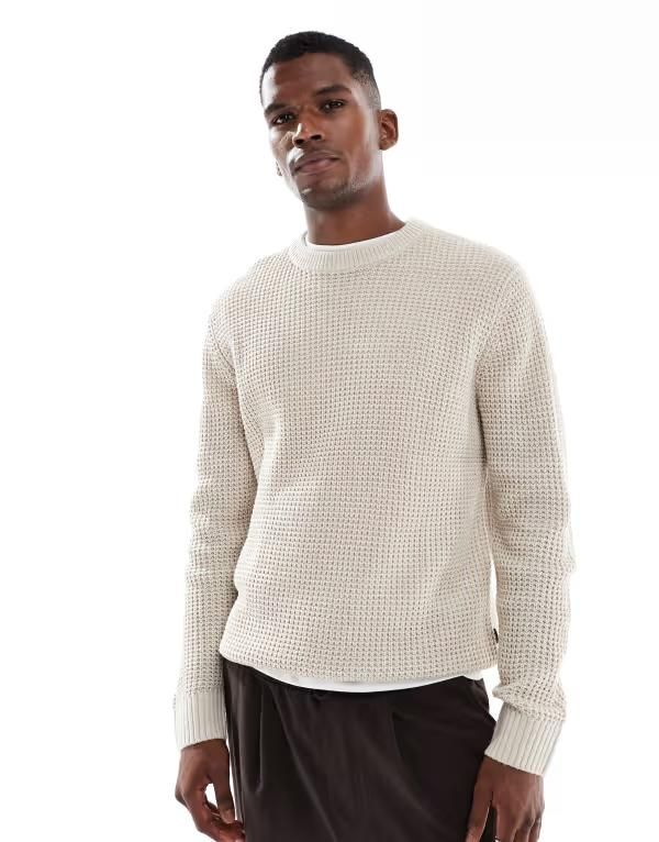 ジャック アンド ジョーンズ メンズ アウター ニット・セーター セーター ニット Jack Jones waffle knit sweater in cream Moonbeam クリーム