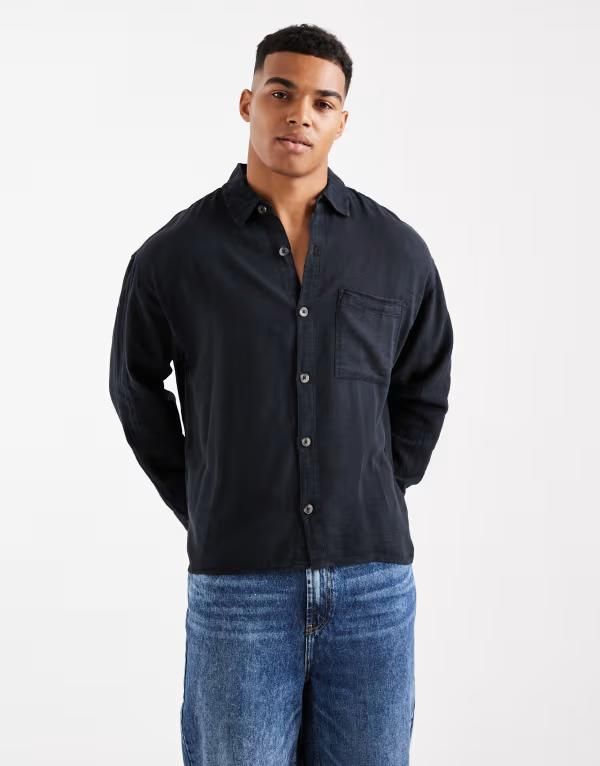 コットンオン メンズ トップス シャツ Cotton On Washed long sleeve shirt Black ブラック