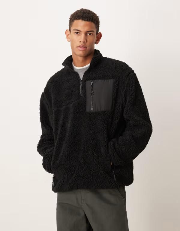 エイソス メンズ アウター パーカー・スウェット ハーフジップ スウェット シャツ ASOS DESIGN relaxed teddy quarter zip sweatshirt with pocket Black ブラック