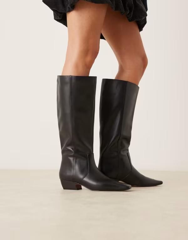 エイソス レディース シューズ ブーツ・レインブーツ レザー ASOS DESIGN Calais leather pointed toe flat knee boots Black ブラック