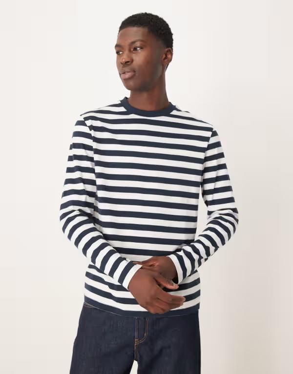 エイソス メンズ トップス Tシャツ ASOS DESIGN long sleeve tshirt and white stripes Navy stripe ネイビー