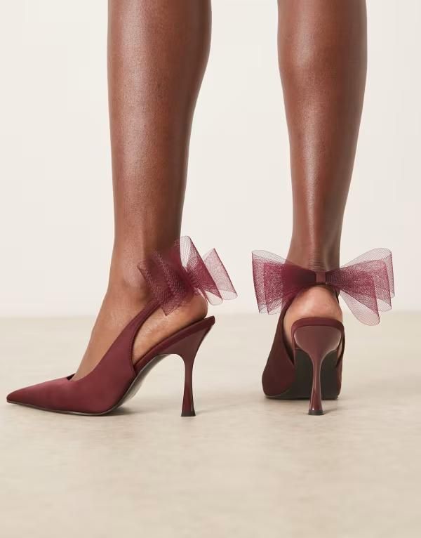 エイソス レディース シューズ ヒール メッシュ ASOS DESIGN Pansy mesh bow detailing high heeled shoes Burgundy バーガンディ