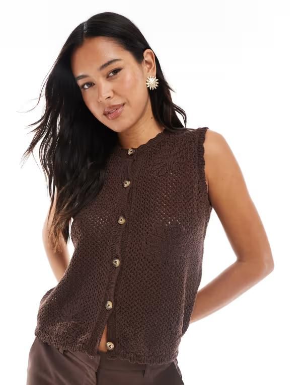 エイソス レディース トップス Tシャツ ボタンダウン ダウン ニット ASOS DESIGN knit button down top with open stitch flowers BROWN ブラウン