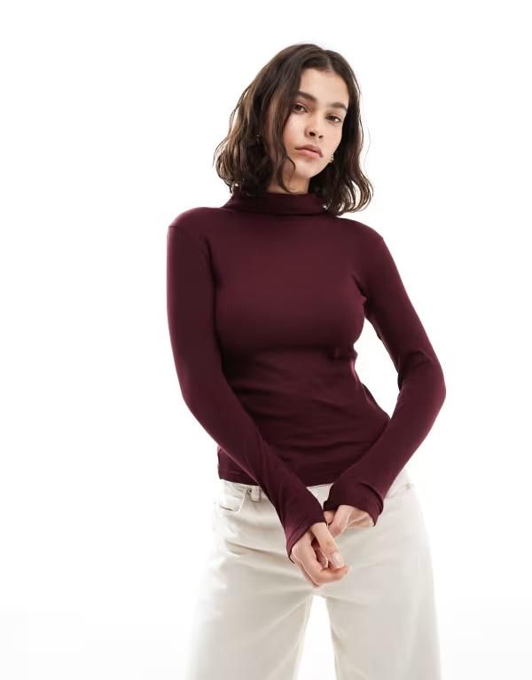 ブレーブソウル レディース トップス Tシャツ タートルネック リブ Brave Soul long sleeve ribbed turtleneck top Burgundy バーガンディ