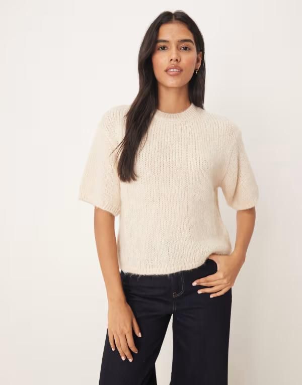 ジェイディーワイ レディース アウター ニット・セーター セーター ニット JDY short sleeve knit sweater in stone BIRCH ストーン