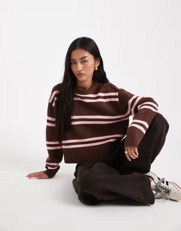 エイソス レディース アウター ニット・セーター クルーネック セーター ASOS DESIGN chunky stripe crew neck sweater in chocolate and Brown ブラウン