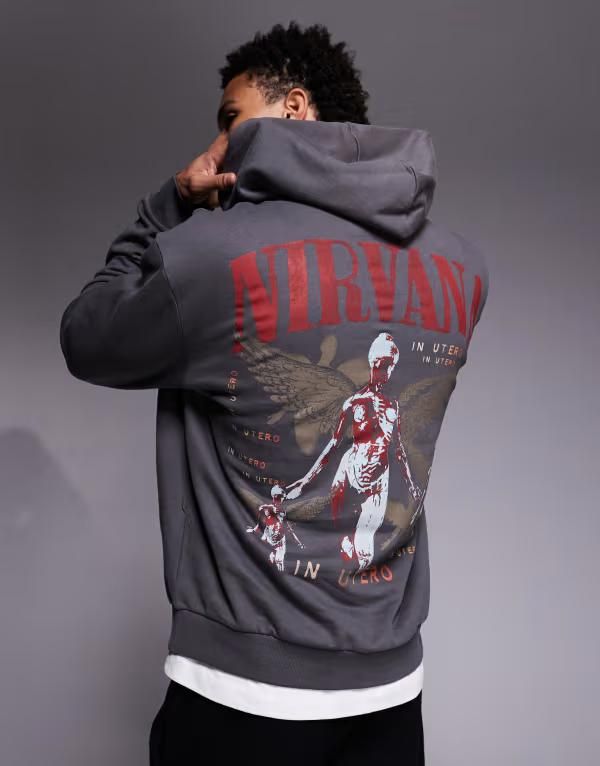 エイソス レディース アウター パーカー・スウェット プリント パーカー ASOS DESIGN relaxed hoodie with Nirvana print DARK GRAY グレー