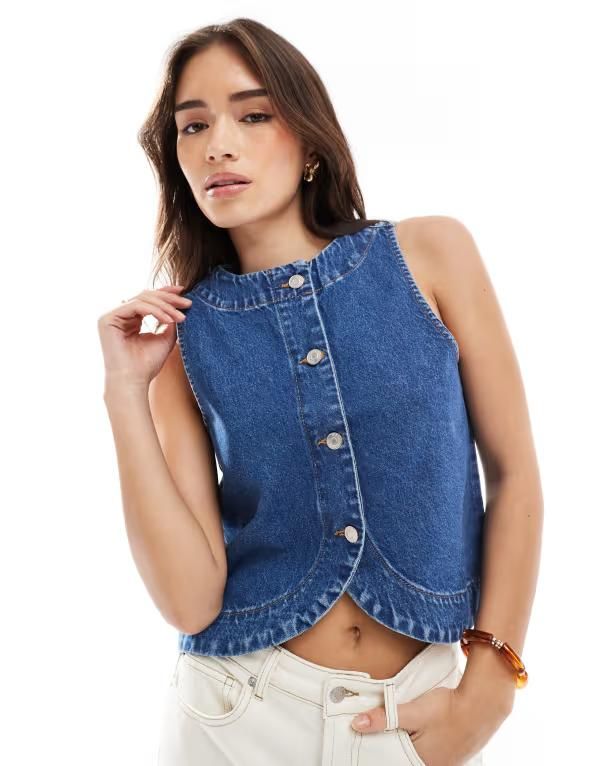エイソス レディース トップス Tシャツ デニム ASOS DESIGN denim button up curve hem top in mid BLUE ブルー