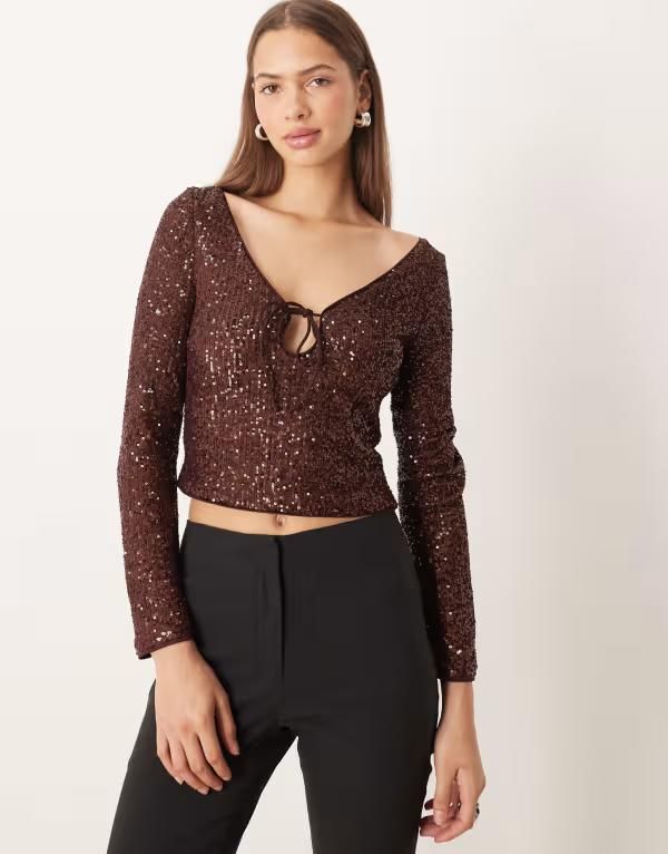 エイソス レディース トップス Tシャツ スパンコール ASOS DESIGN allover sequin keyhole long sleeve top in chocolate Chocolate チョコレート