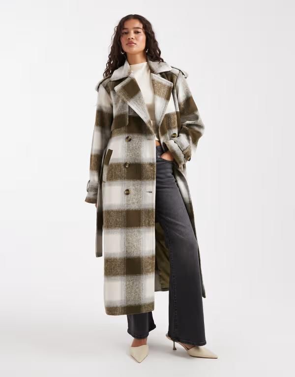 フォースレックレス レディース アウター コート ウール 4th Reckless exclusive wool feel longline belted trench coat cream check Green check グリーン