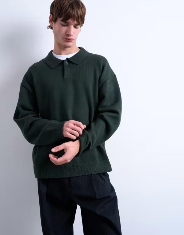トップマン メンズ アウター ニット・セーター ポロシャツ セーター ニット Topman knit smart polo sweater in dark DARK GREEN グリーン