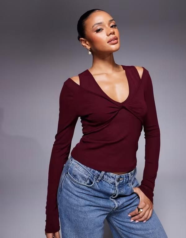 エイソス レディース トップス Tシャツ ASOS DESIGN twist bust double layer long sleeve top in dark berry Dark Berry