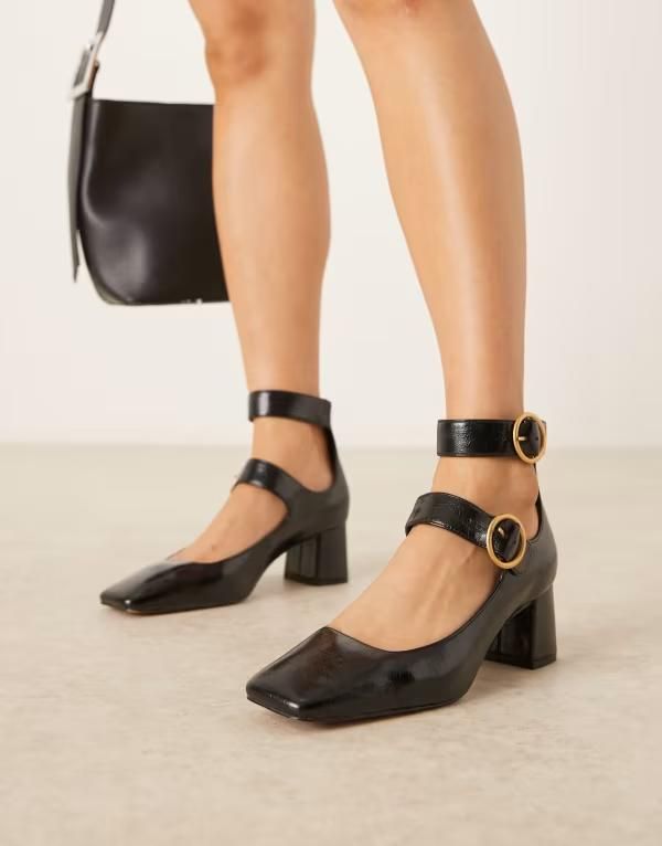 エイソス レディース シューズ ヒール ASOS DESIGN Sasha double buckle strap mid block heel shoes Black ブラック