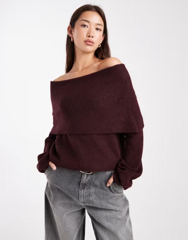 ミスセルフフリッジ レディース アウター ニット・セーター リブニット セーター ニット Miss Selfridge deep fold over rib knit off the shoulder sweater in plum Plum プラム