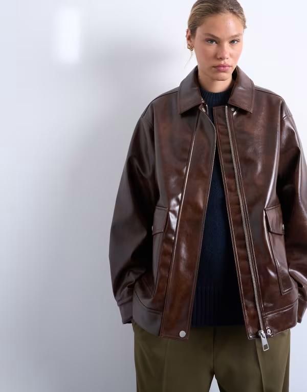 トップショップ レディース アウター ジャケット・ブルゾン レザー フェイクレザー Topshop faux leather shiny mottled patch pocket shacket brown ブラウン