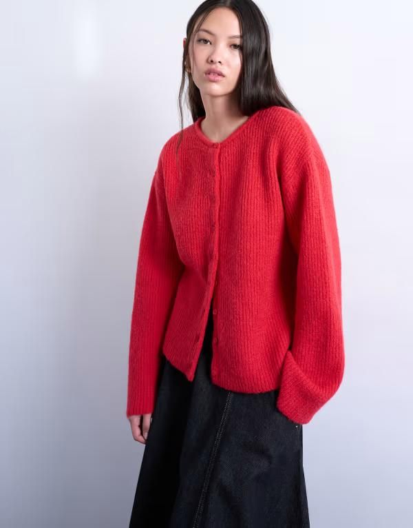 トップショップ レディース アウター カーディガン リブ ニット Topshop knit easy ribbed relaxed cardigan Red レッド