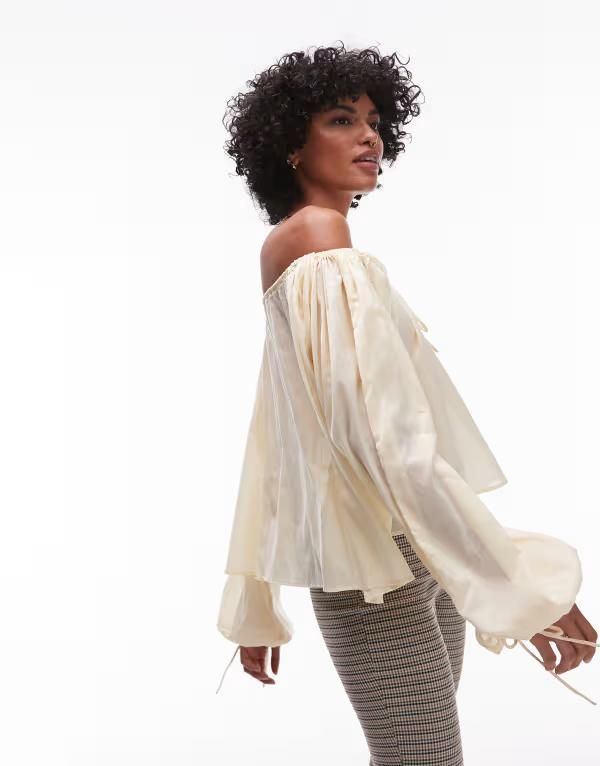 トップショップ レディース トップス タンクトップ タイディテール ブラウス Topshop trapeze long sleeve tie detail blouse in buttermilk Buttermilk