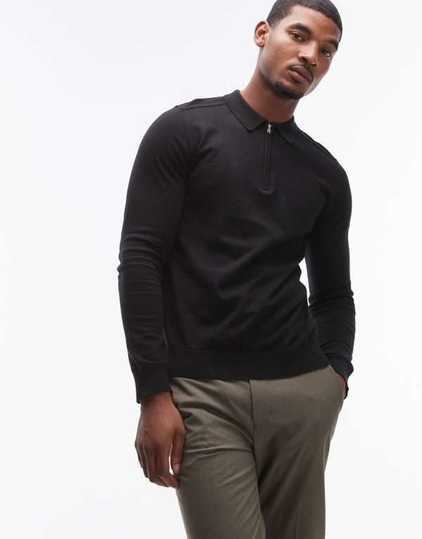 セレクテッドオム メンズ トップス ポロシャツ ハーフジップ シャツ Selected Homme half zip long sleeve polo shirt Black ブラック