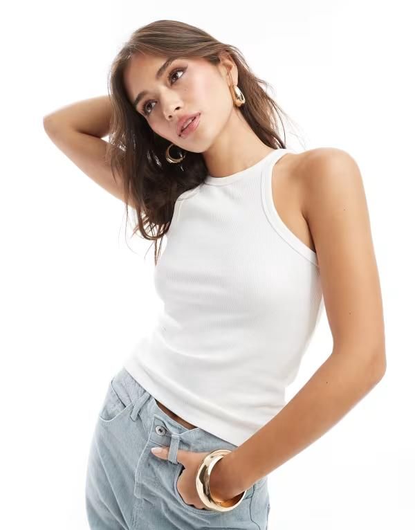ヴェロモーダ レディース トップス ベスト リブ Vero Moda ribbed racer neck tank top WHITE ホワイト