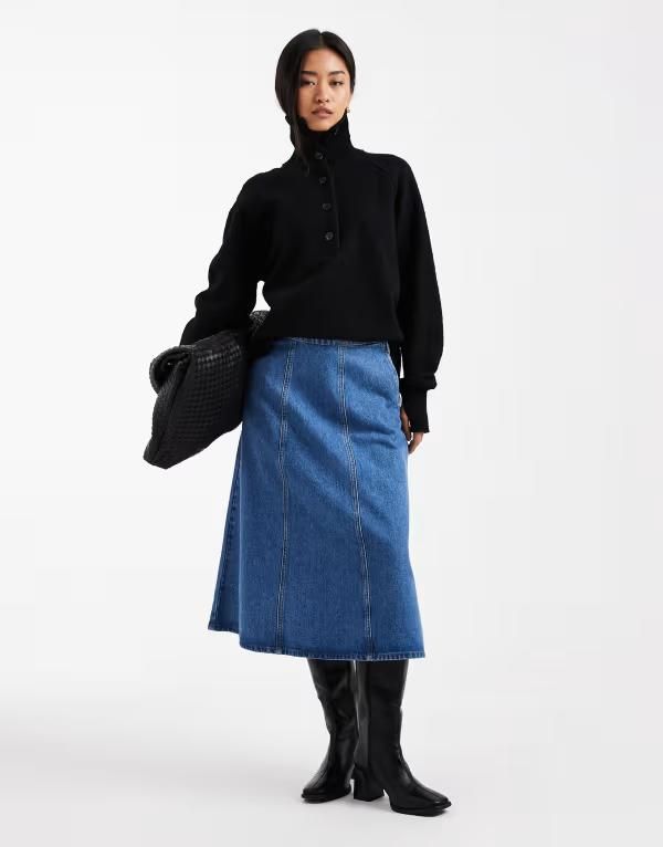 エイソス レディース ボトムスカート A ライン デニム ASOS DESIGN aline denim circle skirt with front seams indigo blue ブルー