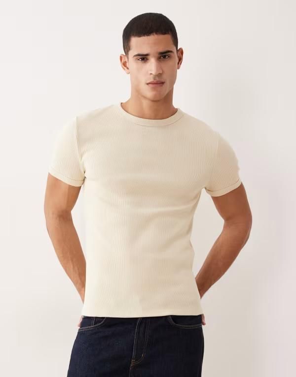 エイソス メンズ トップス Tシャツ リブ ASOS DESIGN super heavyweight muscle fit ribbed Tshirt Wood Ash アッシュ