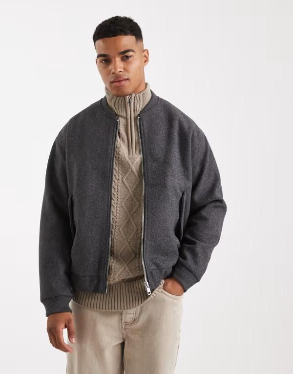 オンリーアンドサンズ メンズ アウター コート フルジップ ウール ジャケット ONLY SONS faux boiled wool zip through bomber jacket in charcoal Dark Gray グレー