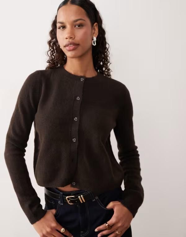 ジェイディーワイ レディース アウター カーディガン クルーネック ウール JDY wool blend crew neck cardigan in chocolate BROWN ブラウン