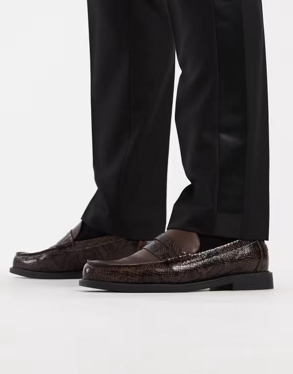 エイソス メンズ シューズ スリッポン・ローファー ASOS DESIGN penny loafers and faux snake BROWN ブラウン