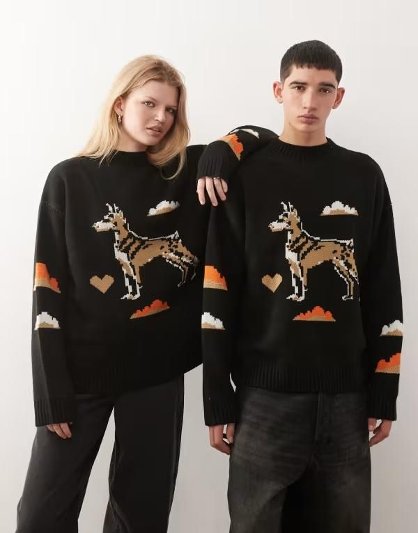 コルージョン レディース アウター ニット・セーター プリント COLLUSION Unisex knit sweater with pixelatedog print Multi マルチカラー