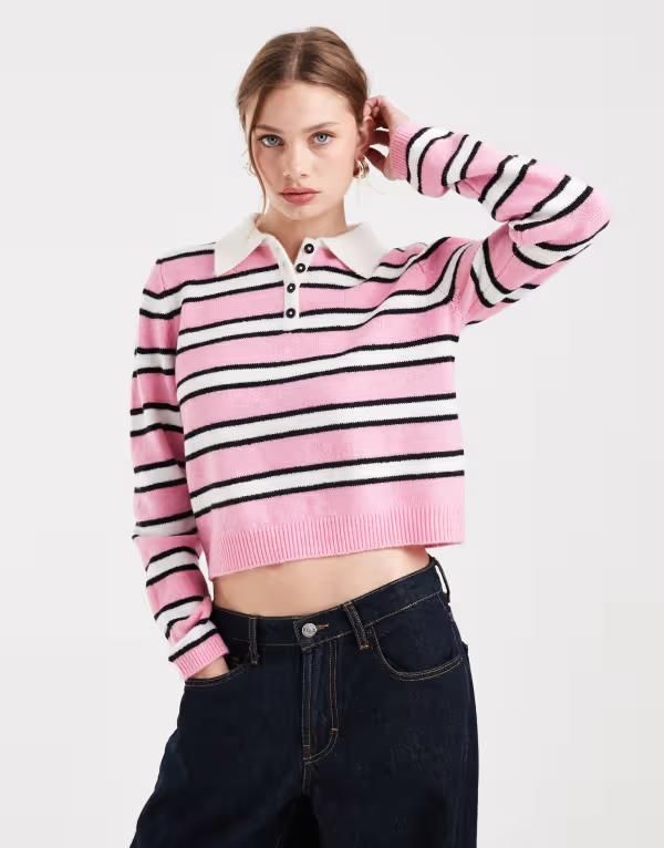 オンリー レディース アウター ニット・セーター ポロシャツ ONLY polo necknit sweater stripes PINK ピンク